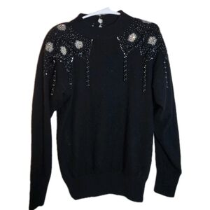 Vintage 80s Beaded Black Sweater Top Womens Size Small Wool Blend